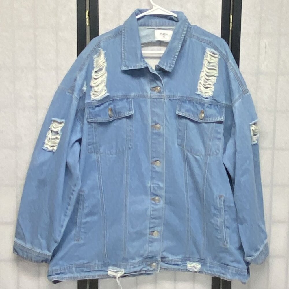 Rue 21 Rue+ 3X Shred Distressed Demin Bomber Jean Jacket Light Wash Y2K Grunge